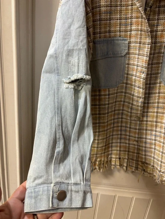 Dance & Marvel Plaid Tan Jacket with Light Blue Denim Sleeves - Picture 3 of 9